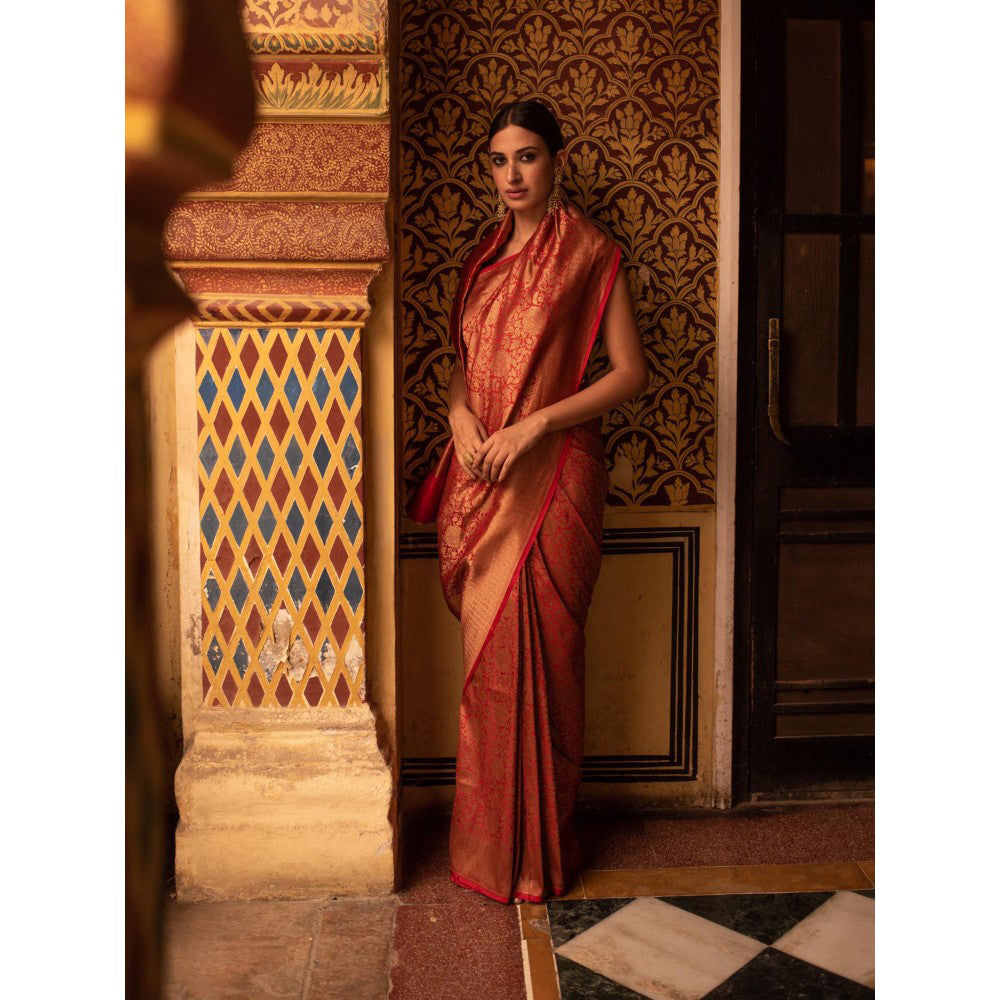 PRIYANKA RAAJIV Tara ( Red) Silk Brocade Banarasi Saree with All Over Jaal with Unstitched Blouse