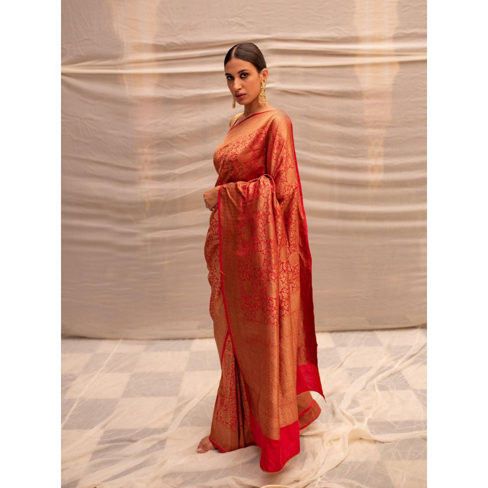 PRIYANKA RAAJIV Tara ( Red) Silk Brocade Banarasi Saree with All Over Jaal with Unstitched Blouse
