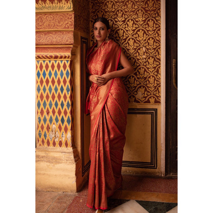 PRIYANKA RAAJIV Tara ( Red) Silk Brocade Banarasi Saree with All Over Jaal with Unstitched Blouse