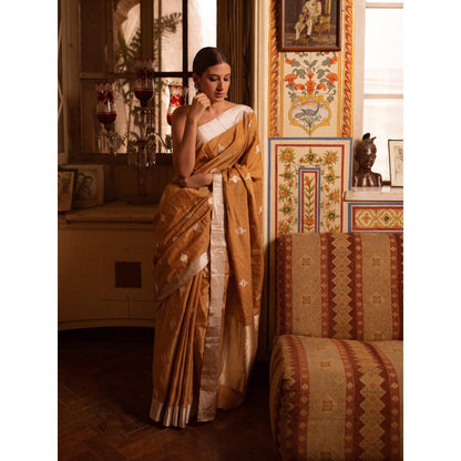 PRIYANKA RAAJIV Sharmishtha Gold Banarasi Silk Tissue Saree with Unstitched Blouse