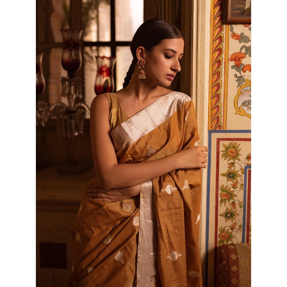 PRIYANKA RAAJIV Sharmishtha Gold Banarasi Silk Tissue Saree with Unstitched Blouse
