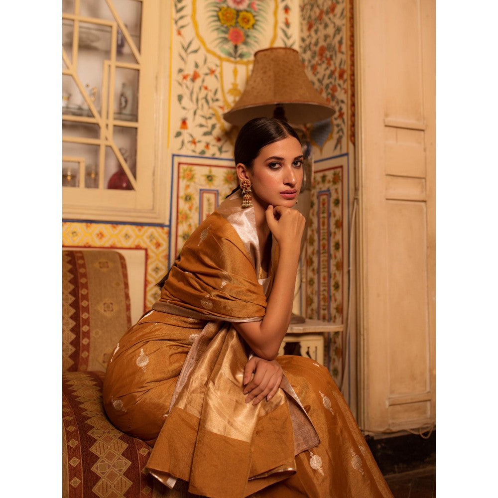 PRIYANKA RAAJIV Sharmishtha Gold Banarasi Silk Tissue Saree with Unstitched Blouse