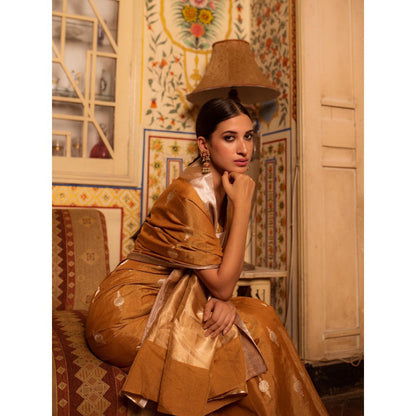 PRIYANKA RAAJIV Sharmishtha Gold Banarasi Silk Tissue Saree with Unstitched Blouse