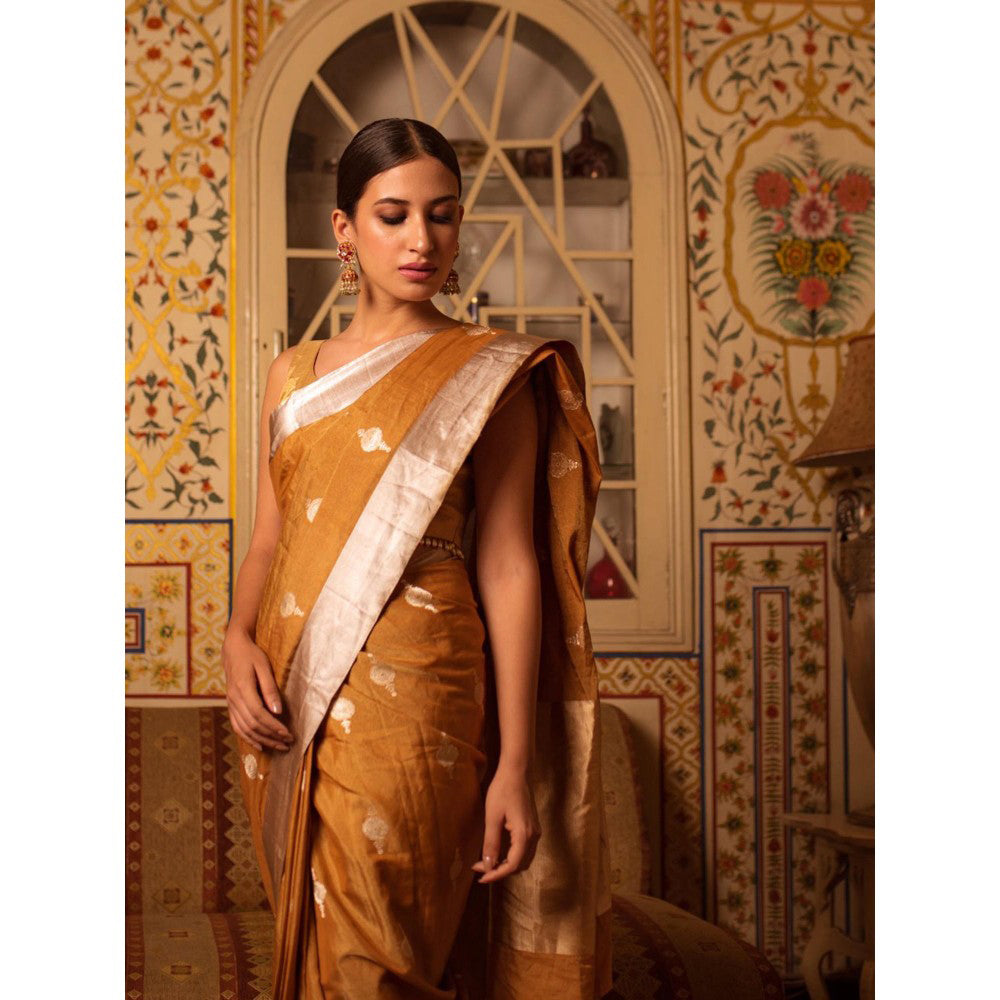 PRIYANKA RAAJIV Sharmishtha Gold Banarasi Silk Tissue Saree with Unstitched Blouse