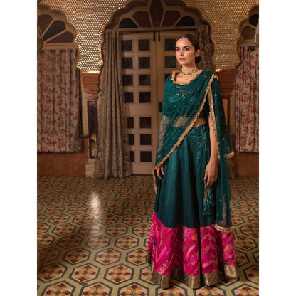 PRIYANKA RAAJIV Jayalakshmi Teal Chanderi Lehenga (Set of 3)