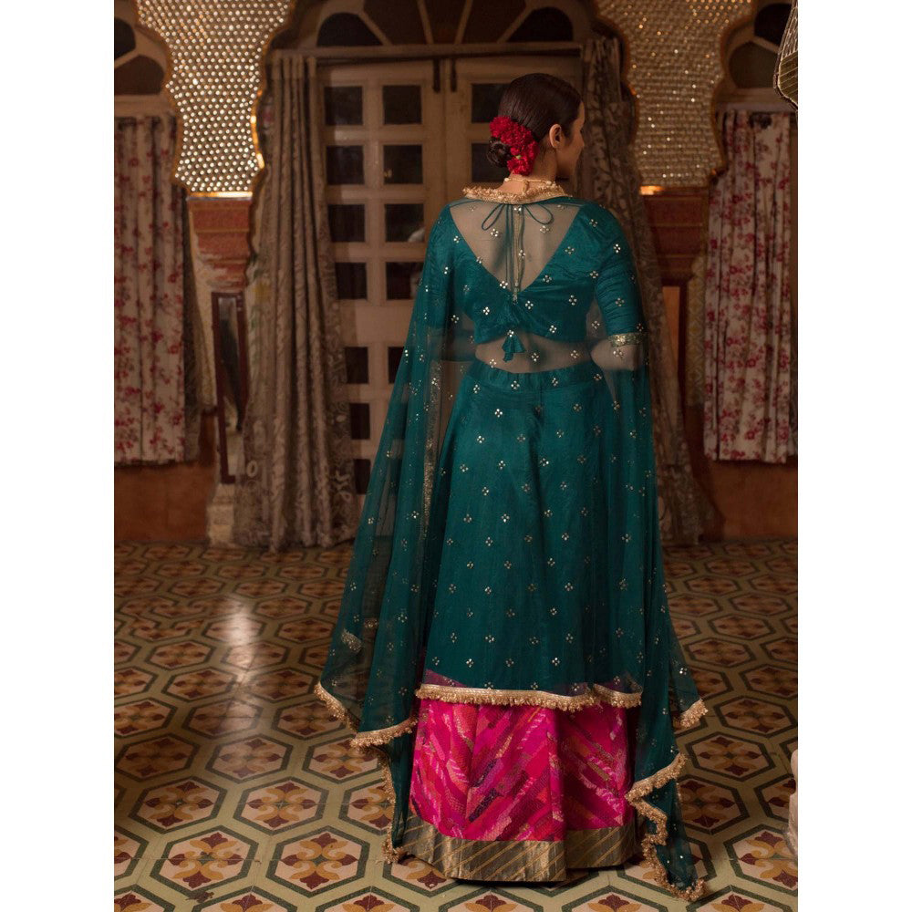 PRIYANKA RAAJIV Jayalakshmi Teal Chanderi Lehenga (Set of 3)