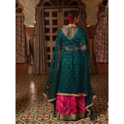 PRIYANKA RAAJIV Jayalakshmi Teal Chanderi Lehenga (Set of 3)