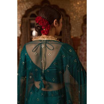 PRIYANKA RAAJIV Jayalakshmi Teal Chanderi Lehenga (Set of 3)
