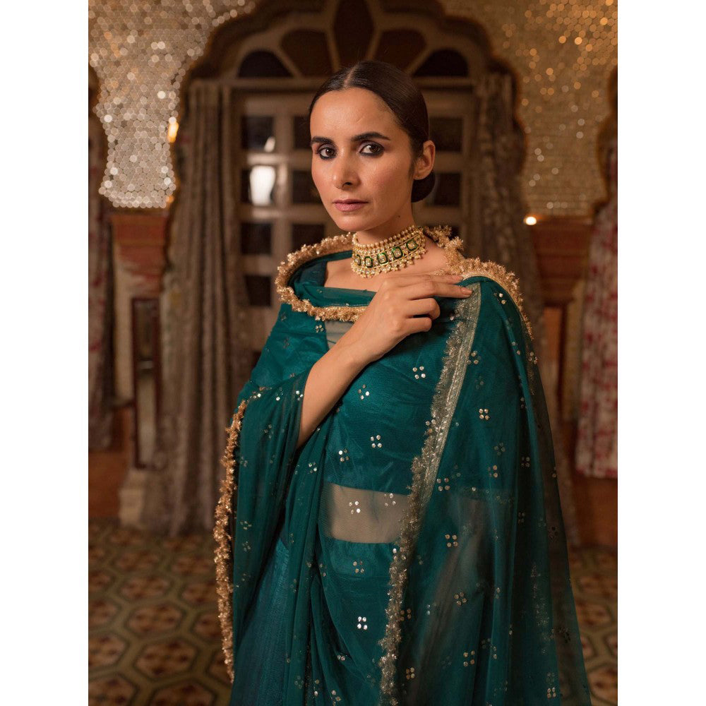 PRIYANKA RAAJIV Jayalakshmi Teal Chanderi Lehenga (Set of 3)