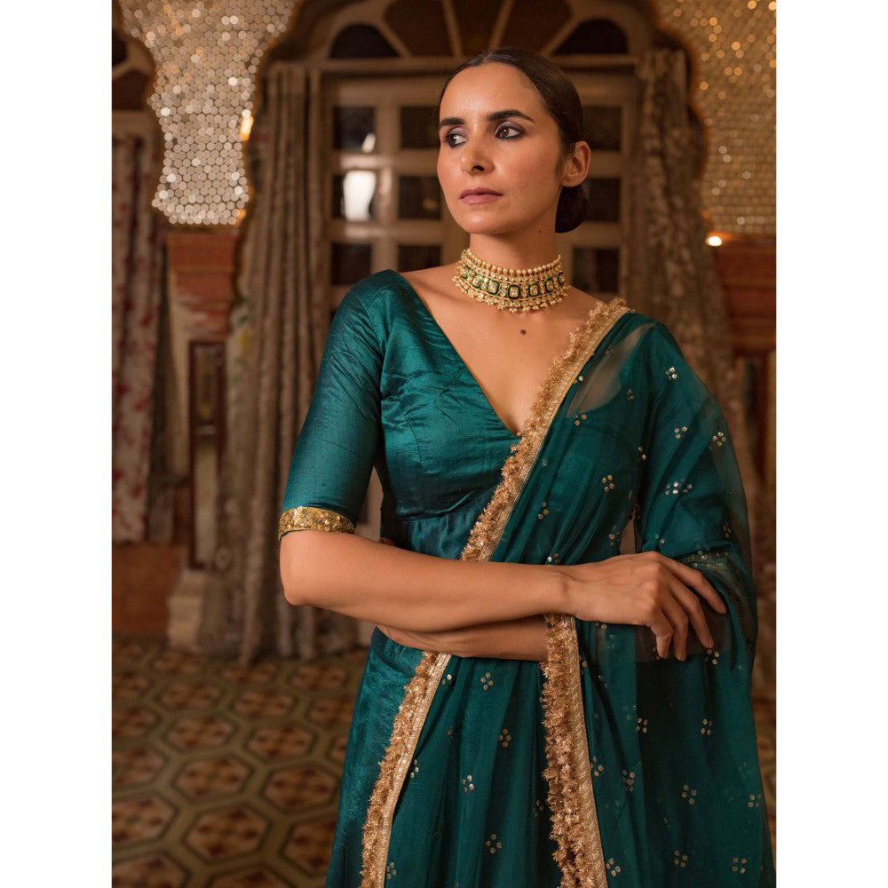 PRIYANKA RAAJIV Jayalakshmi Teal Chanderi Lehenga (Set of 3)