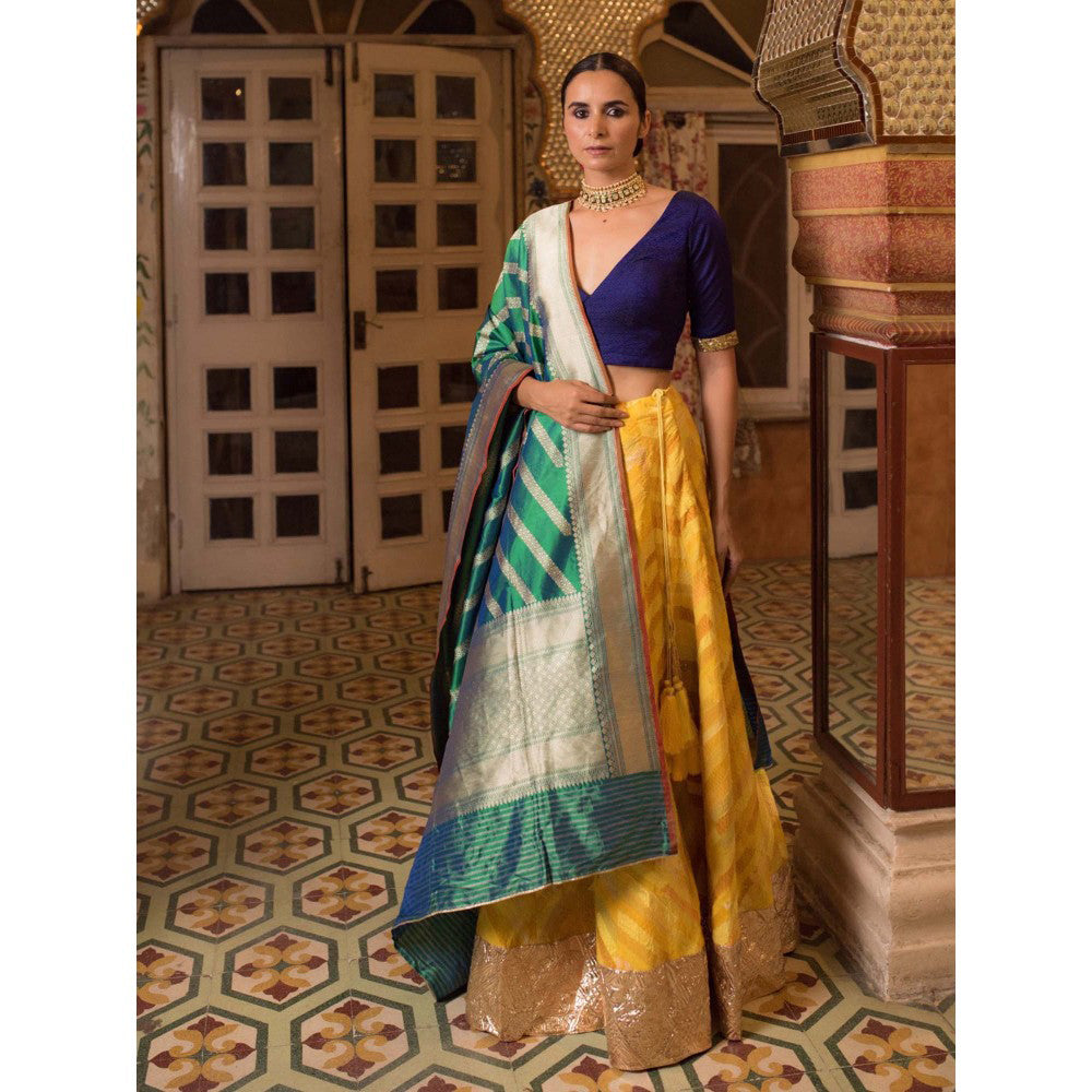 PRIYANKA RAAJIV Hema + Santok Yellow Patchwork Lehenga (Set of 3)