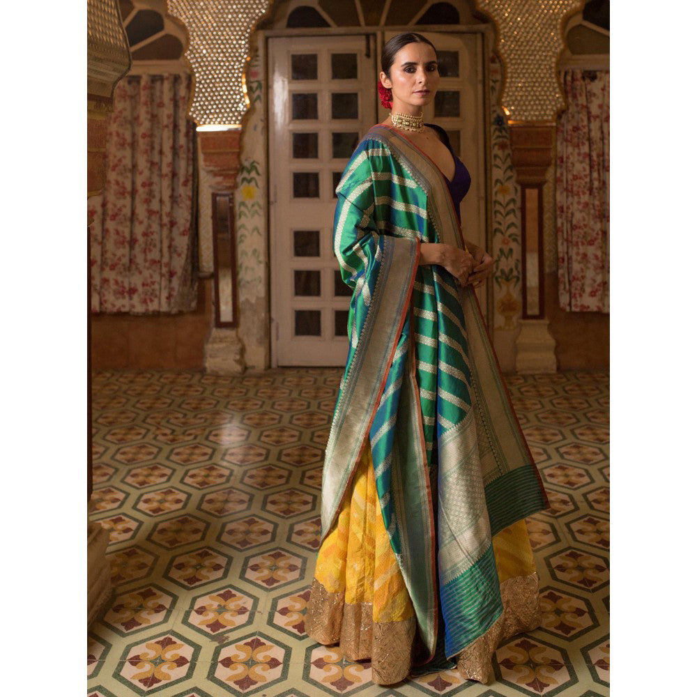 PRIYANKA RAAJIV Hema + Santok Yellow Patchwork Lehenga (Set of 3)