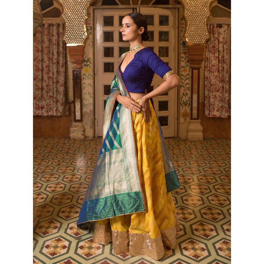 PRIYANKA RAAJIV Hema + Santok Yellow Patchwork Lehenga (Set of 3)