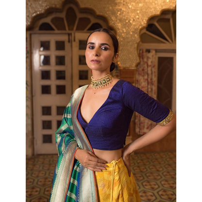 PRIYANKA RAAJIV Hema + Santok Yellow Patchwork Lehenga (Set of 3)