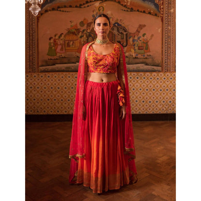 PRIYANKA RAAJIV Garima + Trikuta Red Patchwork Lehenga (Set of 3)