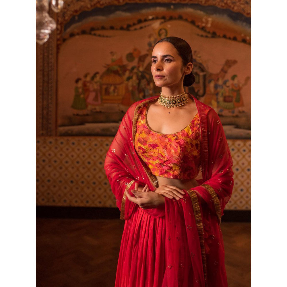 PRIYANKA RAAJIV Garima + Trikuta Red Patchwork Lehenga (Set of 3)