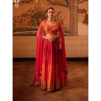 PRIYANKA RAAJIV Garima + Trikuta Red Patchwork Lehenga (Set of 3)