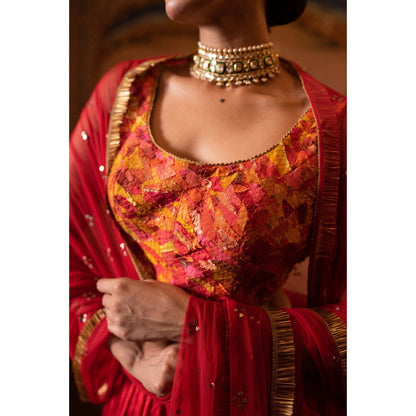PRIYANKA RAAJIV Garima + Trikuta Red Patchwork Lehenga (Set of 3)