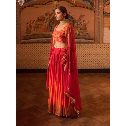 PRIYANKA RAAJIV Garima + Trikuta Red Patchwork Lehenga (Set of 3)