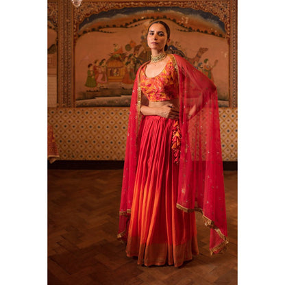 PRIYANKA RAAJIV Garima + Trikuta Red Patchwork Lehenga (Set of 3)