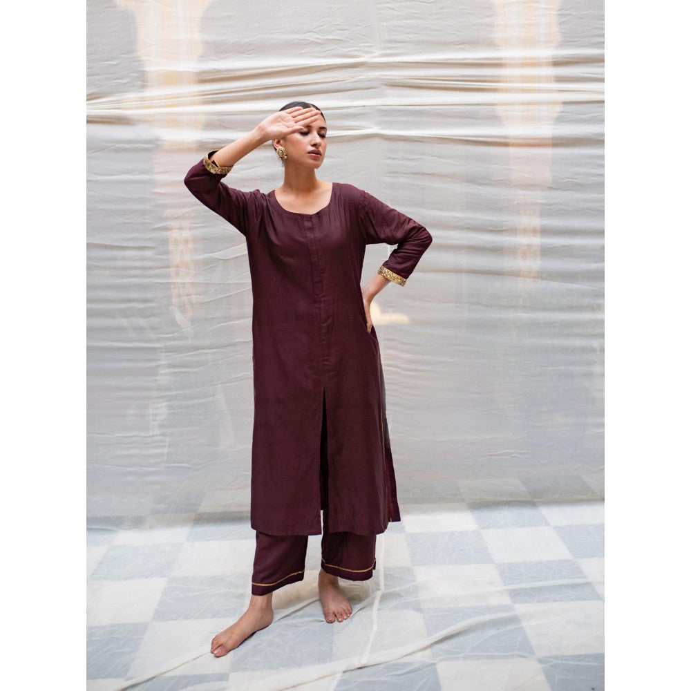 PRIYANKA RAAJIV Tamanvi Brown Cotton Silk Straight Kurta with Embroidered Sleeves (Set of 2)