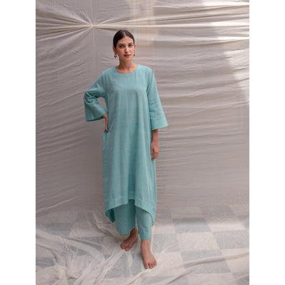 PRIYANKA RAAJIV Sayani Aquamarine Organic Khadi Cotton Flowy Kurta with Pants (Set of 2)