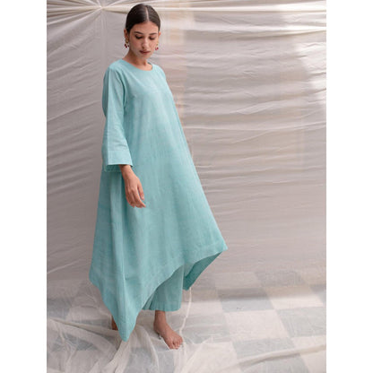PRIYANKA RAAJIV Sayani Aquamarine Organic Khadi Cotton Flowy Kurta with Pants (Set of 2)