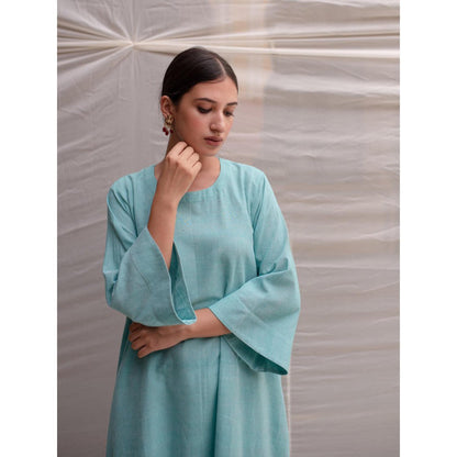 PRIYANKA RAAJIV Sayani Aquamarine Organic Khadi Cotton Flowy Kurta with Pants (Set of 2)