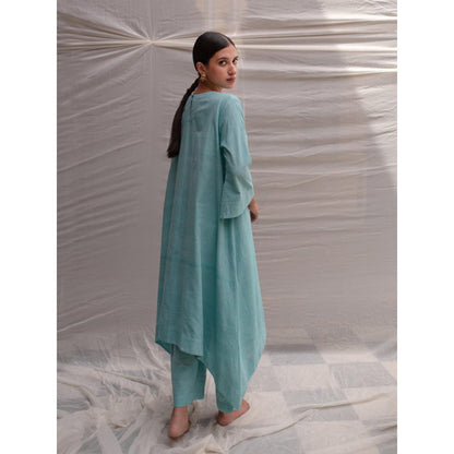 PRIYANKA RAAJIV Sayani Aquamarine Organic Khadi Cotton Flowy Kurta with Pants (Set of 2)