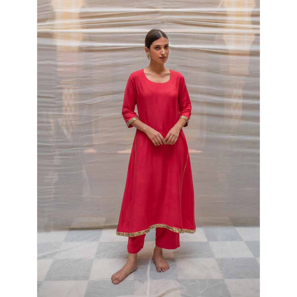 PRIYANKA RAAJIV Ushna Corel Cotton Silk A-Line Styled Kurta and Embroidered Border (Set of 2)