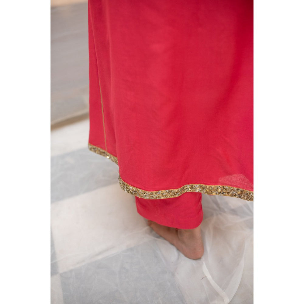 PRIYANKA RAAJIV Ushna Corel Cotton Silk A-Line Styled Kurta and Embroidered Border (Set of 2)