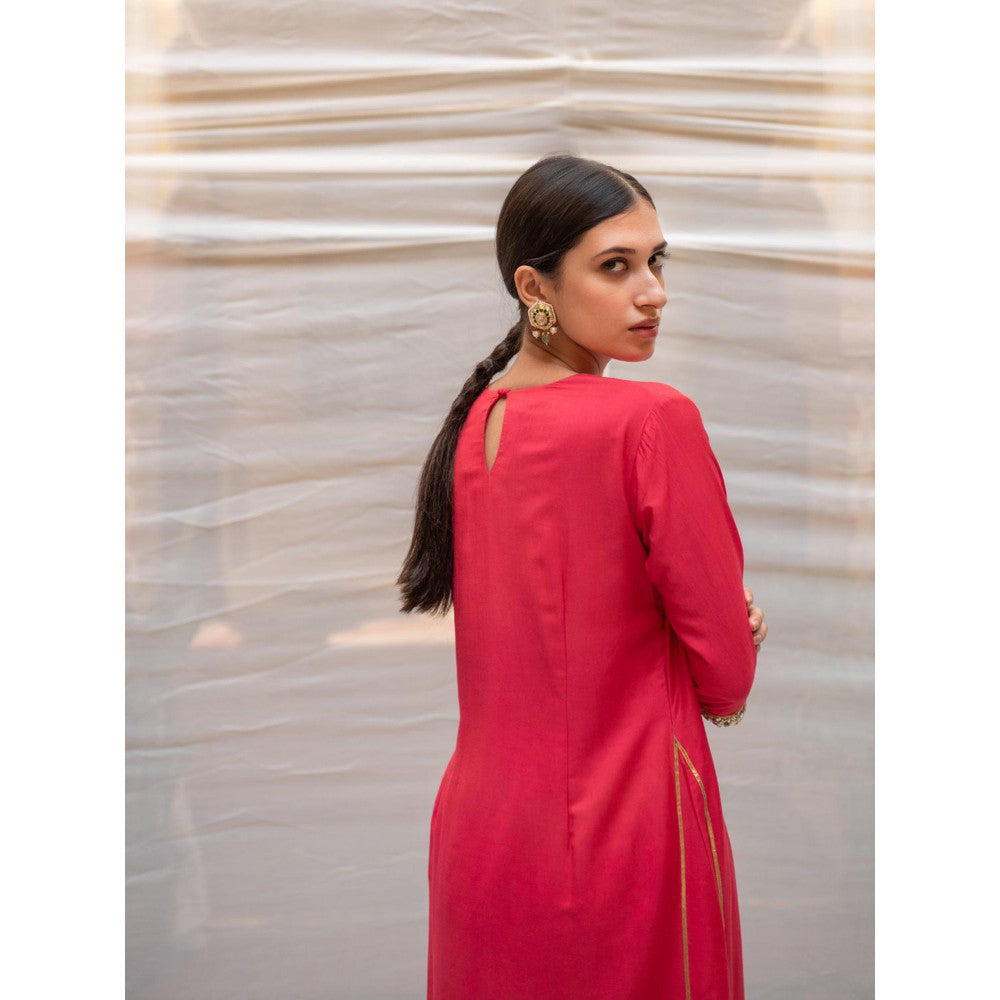 PRIYANKA RAAJIV Ushna Corel Cotton Silk A-Line Styled Kurta and Embroidered Border (Set of 2)