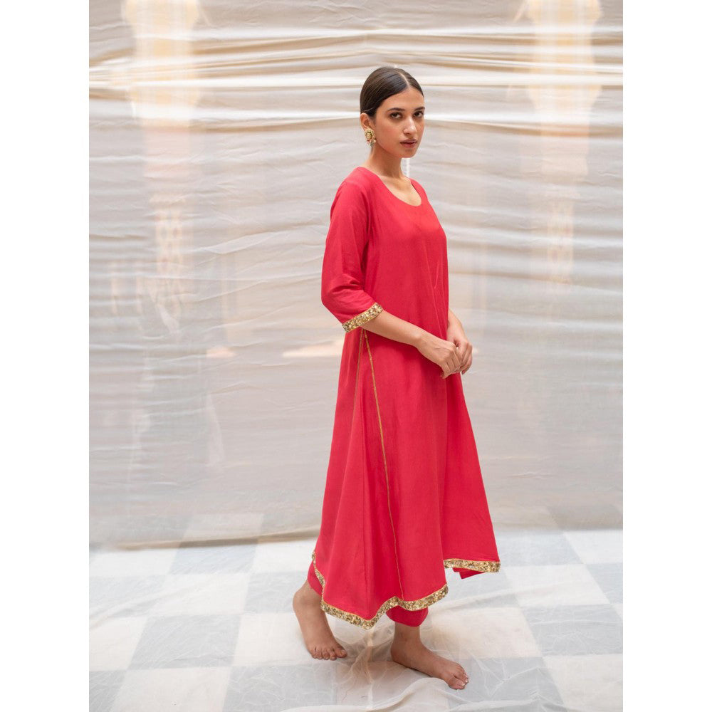 PRIYANKA RAAJIV Ushna Corel Cotton Silk A-Line Styled Kurta and Embroidered Border (Set of 2)