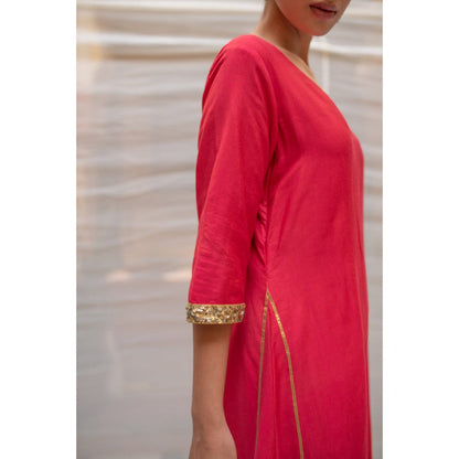 PRIYANKA RAAJIV Ushna Corel Cotton Silk A-Line Styled Kurta and Embroidered Border (Set of 2)