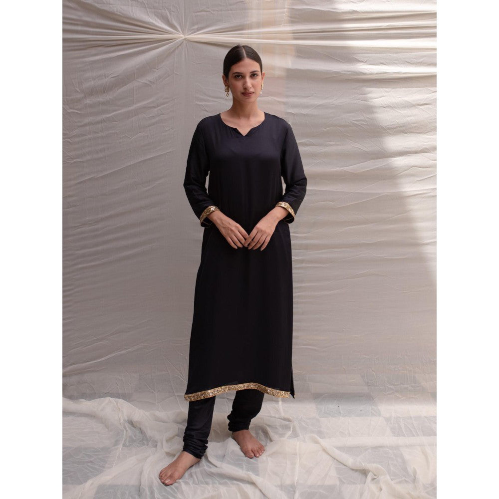 PRIYANKA RAAJIV Revan Navy Blue Modal Styled Kurta with Embroidered Sequin Border (Set of 2)