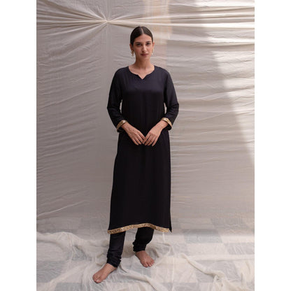 PRIYANKA RAAJIV Revan Navy Blue Modal Styled Kurta with Embroidered Sequin Border (Set of 2)