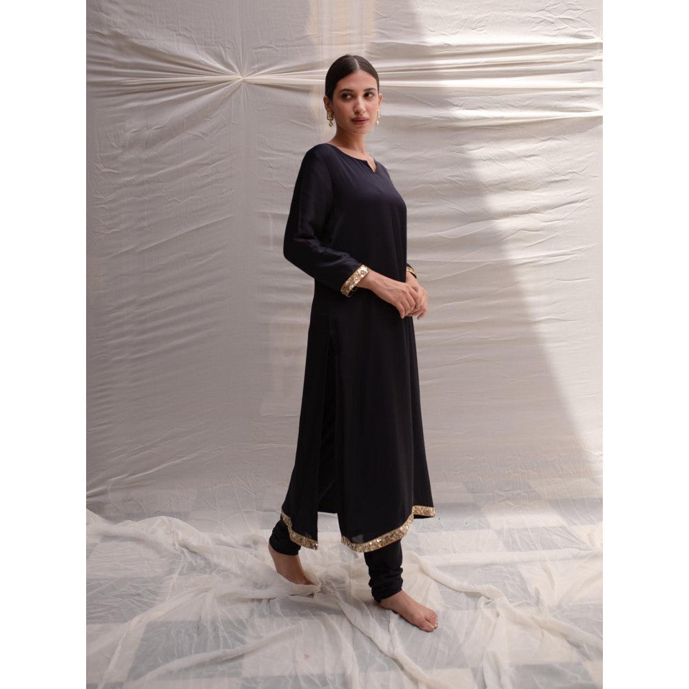 PRIYANKA RAAJIV Revan Navy Blue Modal Styled Kurta with Embroidered Sequin Border (Set of 2)