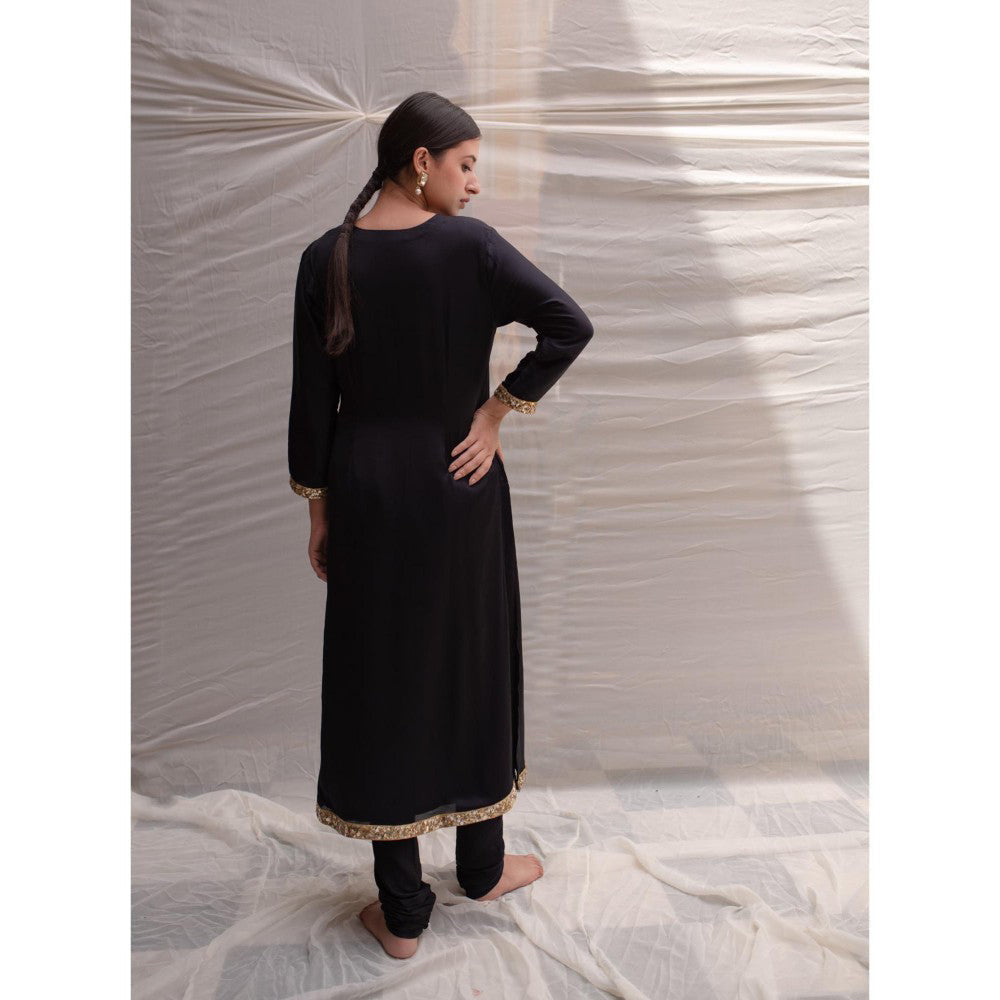 PRIYANKA RAAJIV Revan Navy Blue Modal Styled Kurta with Embroidered Sequin Border (Set of 2)