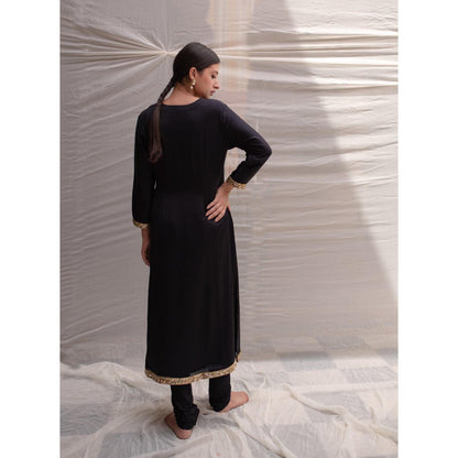 PRIYANKA RAAJIV Revan Navy Blue Modal Styled Kurta with Embroidered Sequin Border (Set of 2)