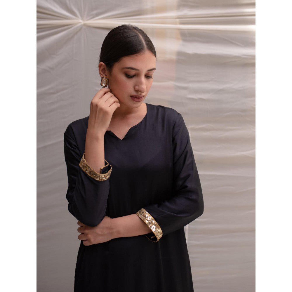 PRIYANKA RAAJIV Revan Navy Blue Modal Styled Kurta with Embroidered Sequin Border (Set of 2)