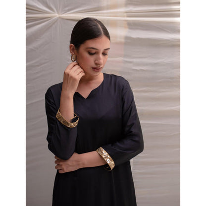 PRIYANKA RAAJIV Revan Navy Blue Modal Styled Kurta with Embroidered Sequin Border (Set of 2)