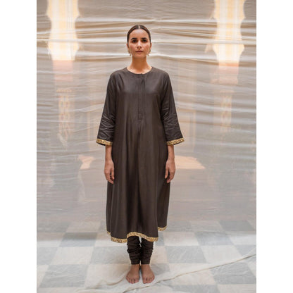 PRIYANKA RAAJIV Yuvragi Black Silk Lucknawi Style Kurta with Hand Embroidered (Set of 2)