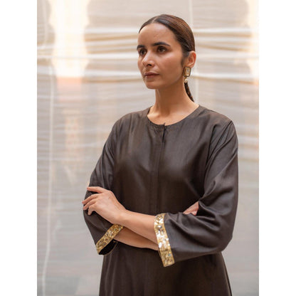 PRIYANKA RAAJIV Yuvragi Black Silk Lucknawi Style Kurta with Hand Embroidered (Set of 2)