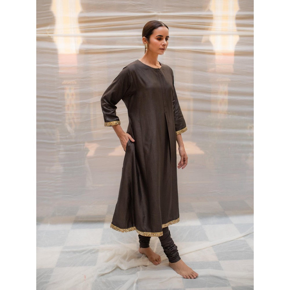 PRIYANKA RAAJIV Yuvragi Black Silk Lucknawi Style Kurta with Hand Embroidered (Set of 2)