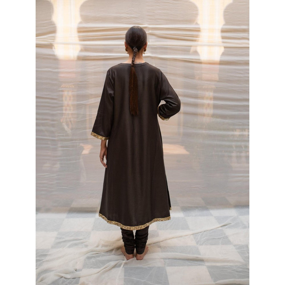 PRIYANKA RAAJIV Yuvragi Black Silk Lucknawi Style Kurta with Hand Embroidered (Set of 2)