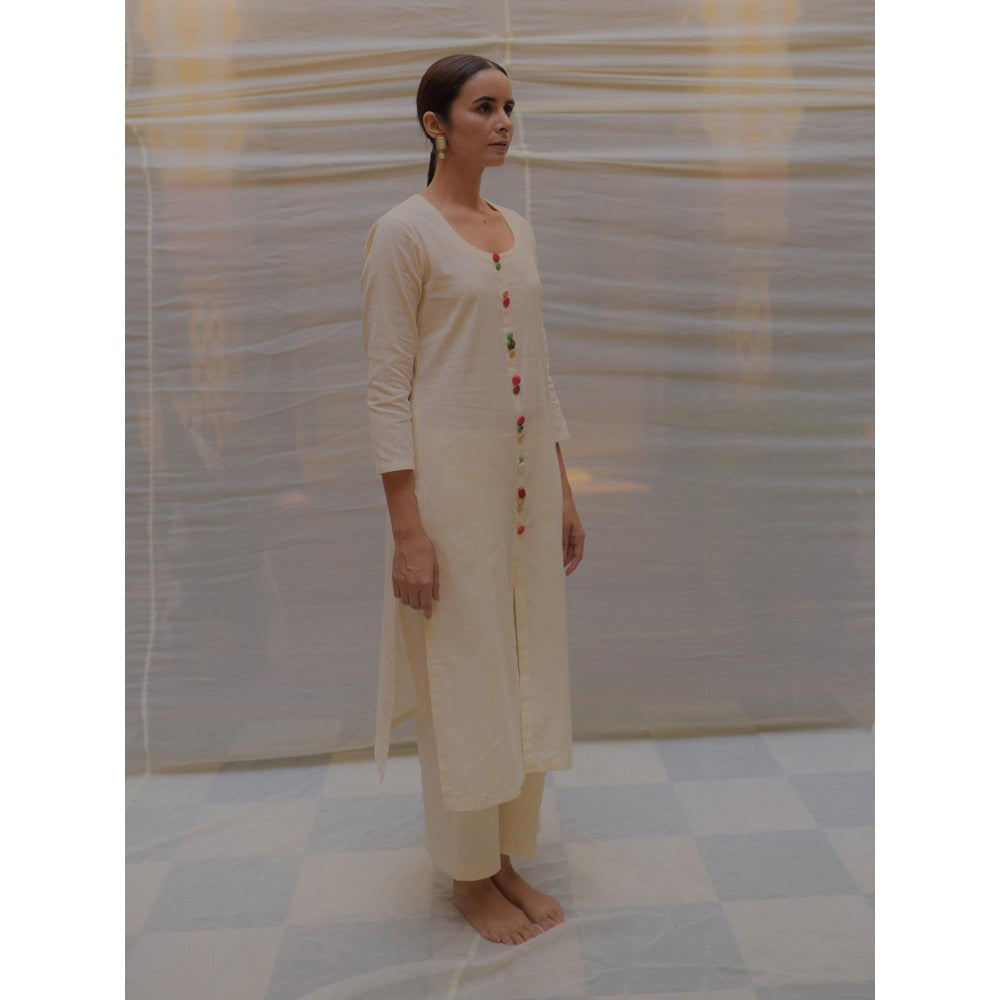 PRIYANKA RAAJIV Illan Ivory Khadi Cotton Kurta and Pant with Hand Crafted Brocade Buttons (Set of 2)