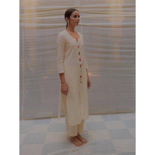 PRIYANKA RAAJIV Illan Ivory Khadi Cotton Kurta and Pant with Hand Crafted Brocade Buttons (Set of 2)