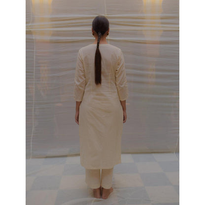PRIYANKA RAAJIV Illan Ivory Khadi Cotton Kurta and Pant with Hand Crafted Brocade Buttons (Set of 2)