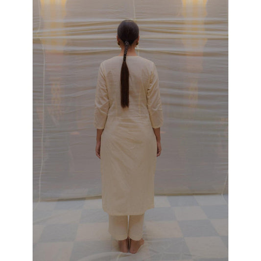 PRIYANKA RAAJIV Illan Ivory Khadi Cotton Kurta and Pant with Hand Crafted Brocade Buttons (Set of 2)