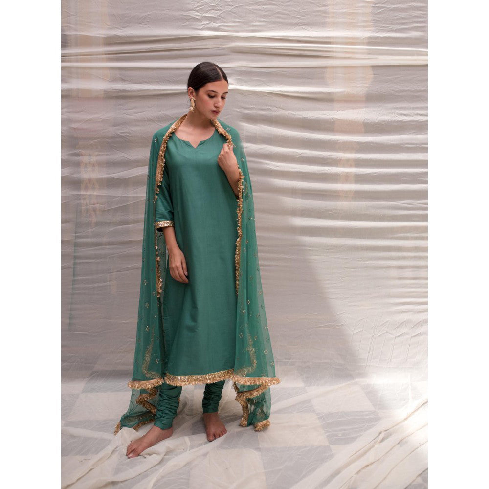 PRIYANKA RAAJIV Sukritya Teal Cotton Silk Straight Kurta (Set of 3)